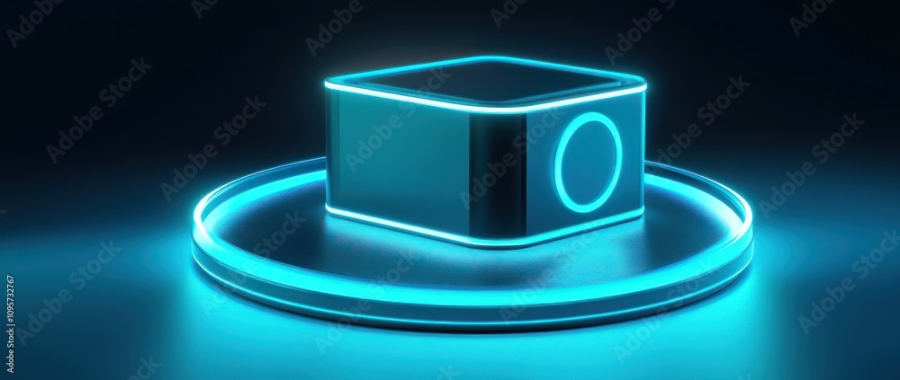 Poster a glowing, futuristic cube on a circular base, illuminated with neon blue light.