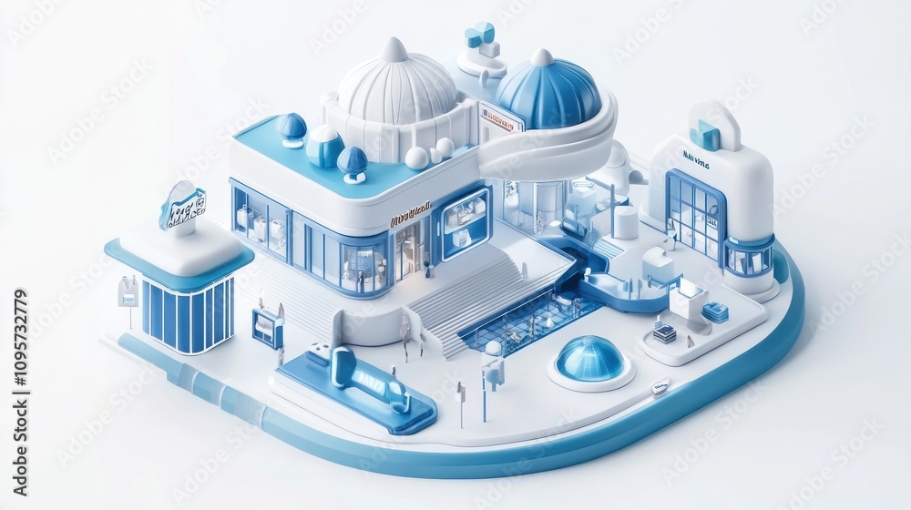 Poster a stylized, modern architectural structure in blue and white, featuring various functional spaces.