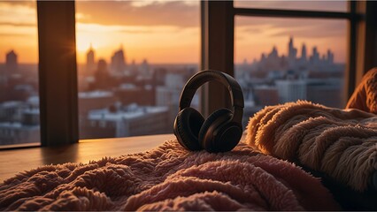 Serene Sunset with Headphones: A Moment of Relaxation