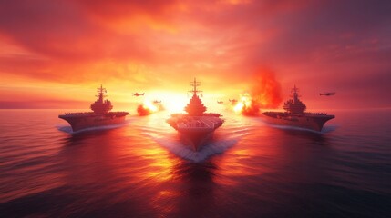 Fototapeta premium Fleet of warships advancing during fiery explosions at sea, with fighter jets overhead in a dramatic wartime scene.