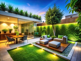 Fototapeta premium Minimalist Backyard Design with Sleek Artificial Turf and Stylish Garden Accents for an Inviting Outdoor Oasis