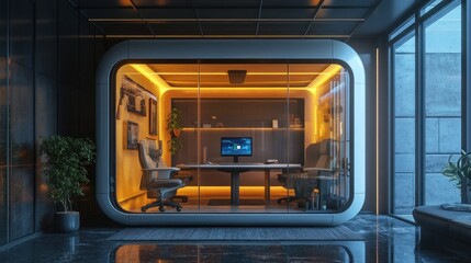 Modern office space with glass walls, warm lighting, and a central meeting table.