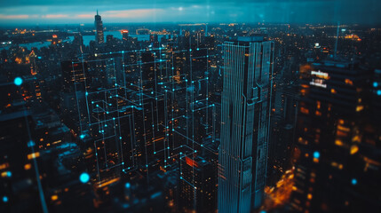 Obraz premium Smart digital Innovation city with connection network reciprocity over the cityscape. of future smart wireless digital city and social media networking systems that connects people with in city