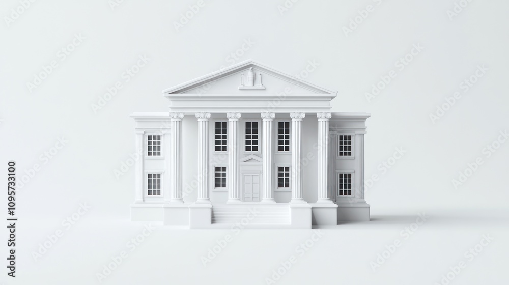 Poster A minimalist white model of a classical-style building with columns and a pediment.