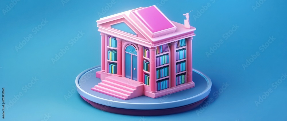 Poster a stylized pink library building with books on shelves, symbolizing knowledge and learning.