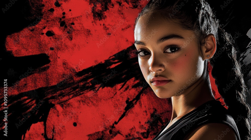 Poster a young athlete with a determined expression, set against a dynamic red and black background.