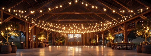 Obraz premium A beautifully lit barn venue featuring warm fairy lights, creating a cozy atmosphere ideal for weddings or events.
