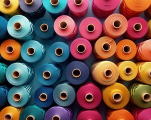 Fototapeta premium Colorful spools of thread stacked together, showcasing various vibrant hues. Ideal for sewing, crafting, and textile design projects in creative industries.