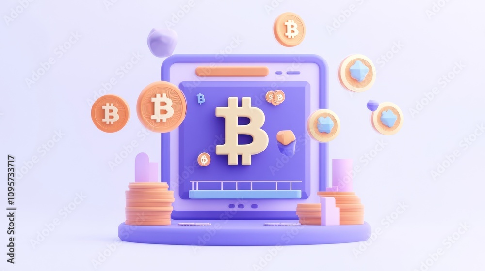 Poster a digital representation of cryptocurrency with coins and a laptop screen.