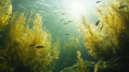 Obraz premium Underwater scene featuring vibrant seaweed and fish illuminated by sunlight.