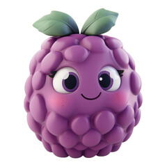 A 3D rendered image of a cute cartoon blackberry with a happy expression and green leaves.