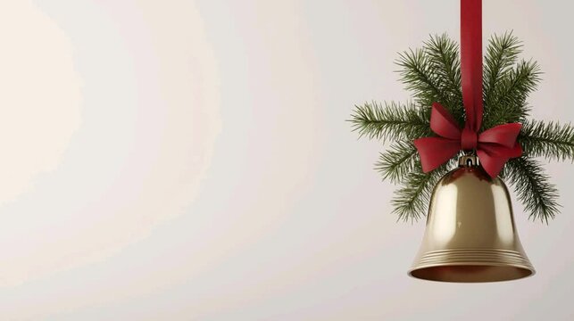 A golden Christmas bell with red ribbon and pine leaves, copy space for text, video footage greeting card.