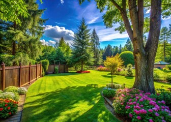 Obraz premium Lush Green Large Fenced Backyard Surrounded by Majestic Trees - Ideal for Gardening, Outdoor Activities, and Relaxation in a Peaceful Natural Setting