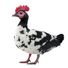 Fototapeta premium A digitally rendered image showcases a hen with striking black and white feathers and a vibrant red comb.