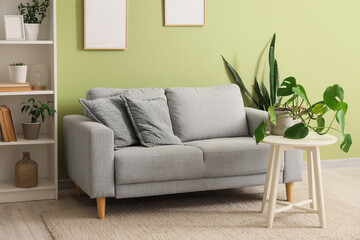 Naklejka premium Interior of living room with grey sofa, shelf unit and green plants