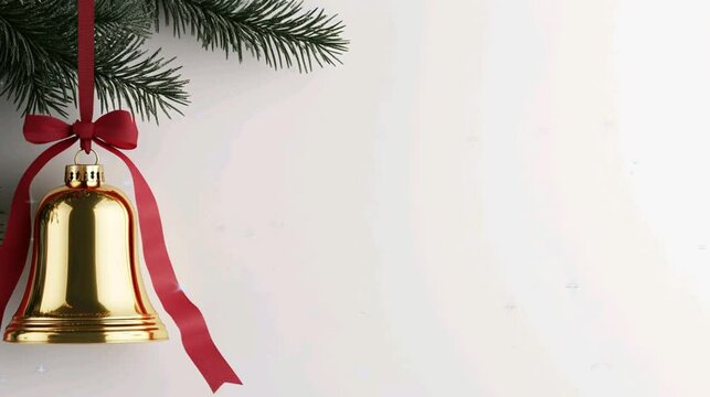 A golden Christmas bell with red ribbon and pine leaves, copy space for text, video footage greeting card.
