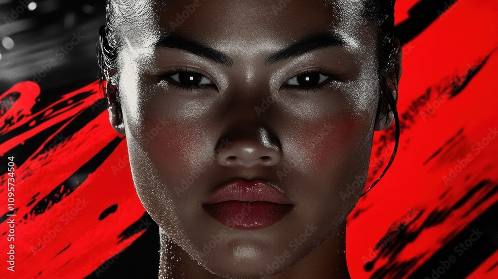Aufkleber a close-up portrait of a woman with striking features against a dynamic red background.