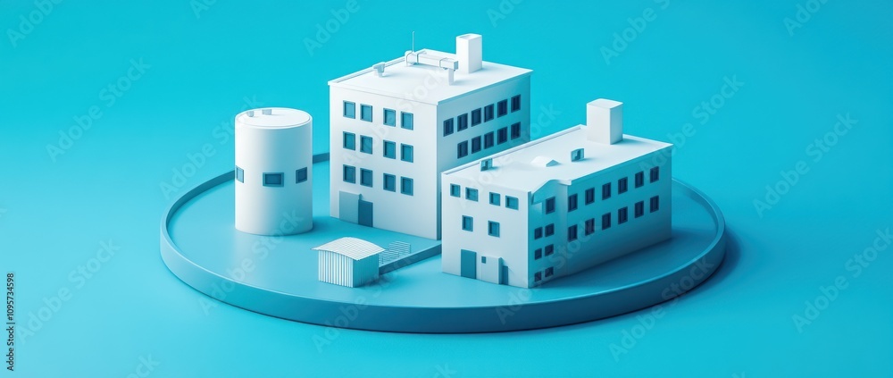 Poster a minimalist 3d representation of industrial buildings on a circular base.