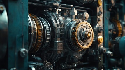 Fototapeta premium Close-up of intricate mechanical gears and components in a machine.