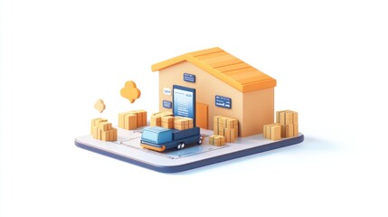 A stylized warehouse with delivery truck and packages, representing logistics and storage.