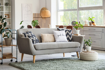 Interior of modern kitchen with sofa, counters and plants
