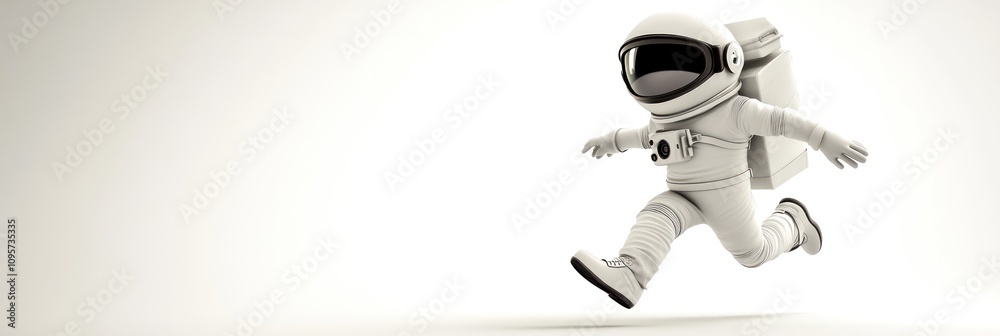 Poster A playful astronaut character running on a minimalist background.