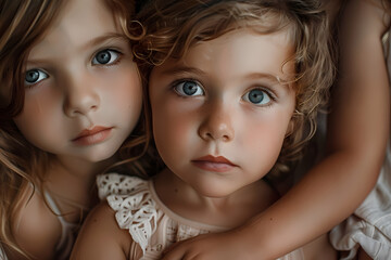 Obraz premium Two young girls with captivating blue eyes and soft curls, displaying a tender moment of connection and innocence.