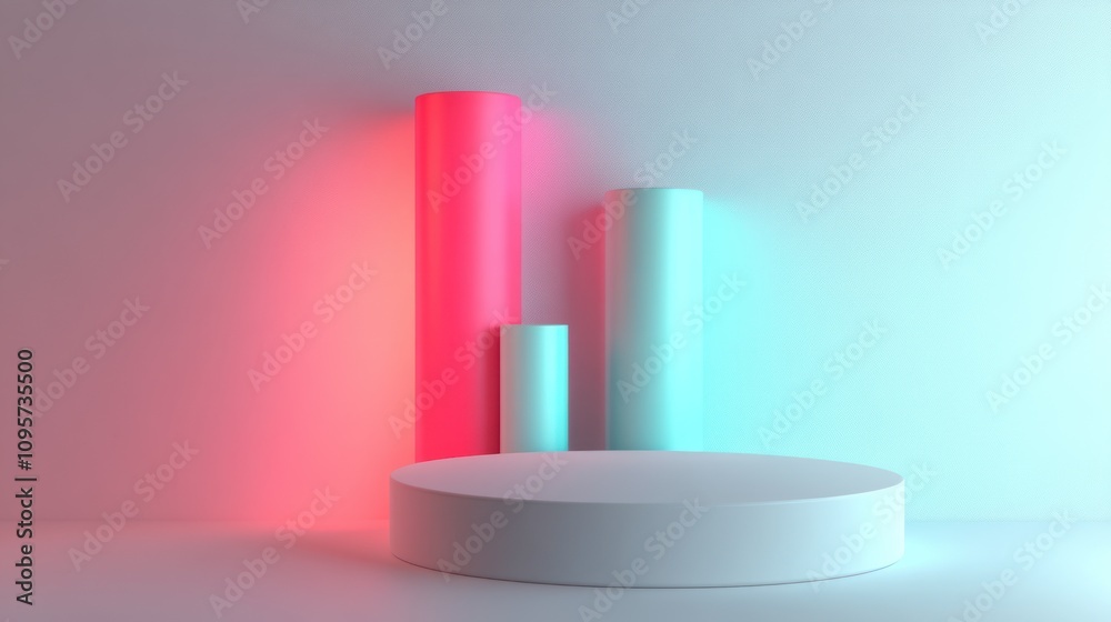 Poster Abstract scene featuring cylindrical shapes and a circular base with colorful lighting.