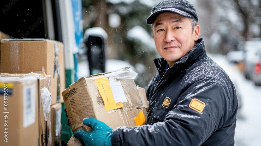 Poster a delivery person handling packages in a snowy environment.