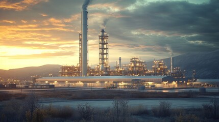 Fototapeta premium Industrial facility at sunset with smoke stacks and illuminated structures.