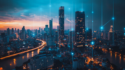 Fototapeta premium Smart digital Innovation city with connection network reciprocity over the cityscape. of future smart wireless digital city and social media networking systems that connects people with in city