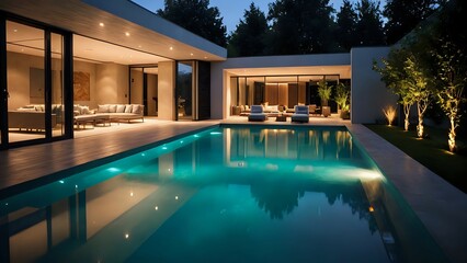 Obraz premium outdoor swimming pool in the patio area of the house, water flows down like a waterfall into the main pool, volumetric 