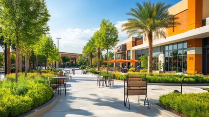 Sunny outdoor mall plaza.