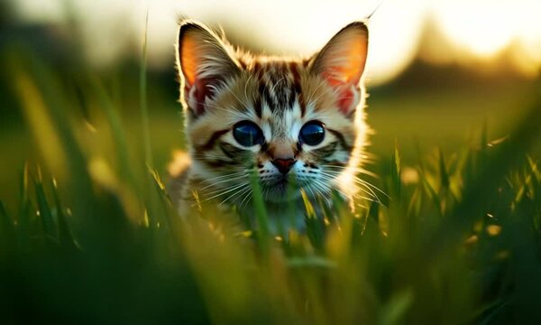 A cute kitten hiding behind the grass