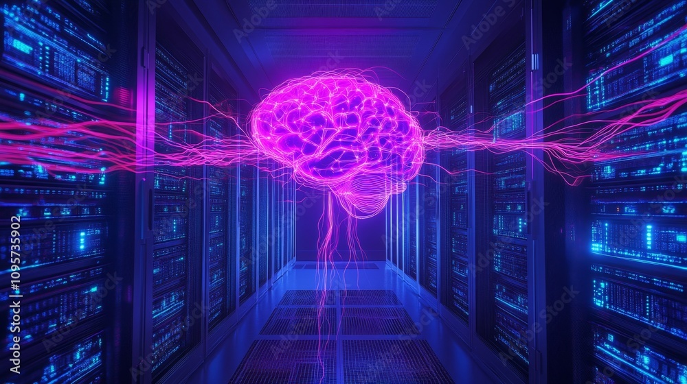 Poster exploring neural connectivity in data centers technology visualization digital realm futuristic envi