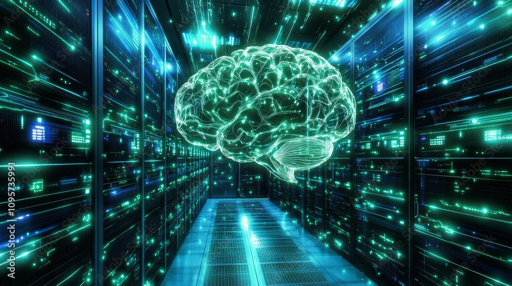 Poster exploring the intersection of artificial intelligence and human cognition in a high-tech data center