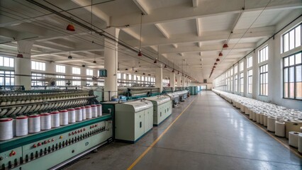 Fototapeta premium Empty Textile Factory Interior Showing Rows of Manufacturing Equipment and Spools. Generative AI