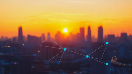 Obraz premium Smart digital Innovation city with connection network reciprocity over the cityscape. of future smart wireless digital city and social media networking systems that connects people with in city