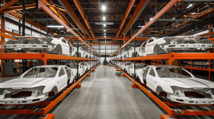 Naklejka premium White Car Frames Organized on Storage Racks in Automotive Factory Warehouse