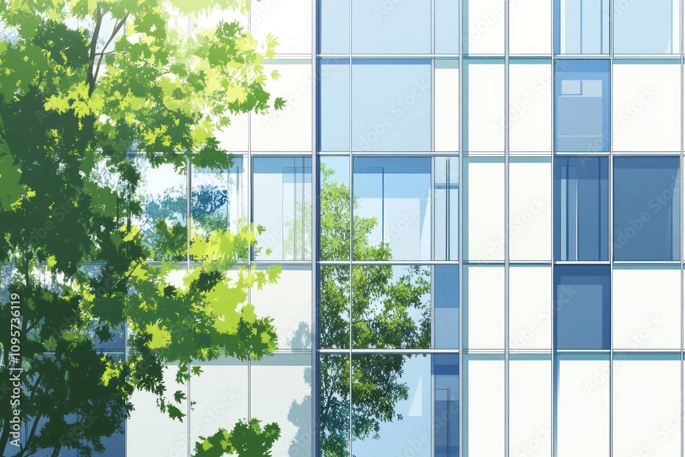 Poster A modern building facade with large windows and greenery in the foreground.