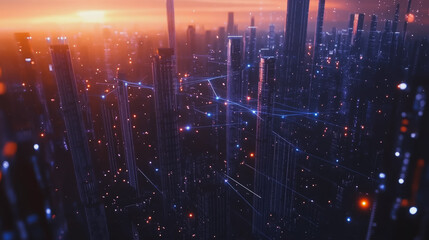 Fototapeta premium Smart digital Innovation city with connection network reciprocity over the cityscape. of future smart wireless digital city and social media networking systems that connects people with in city