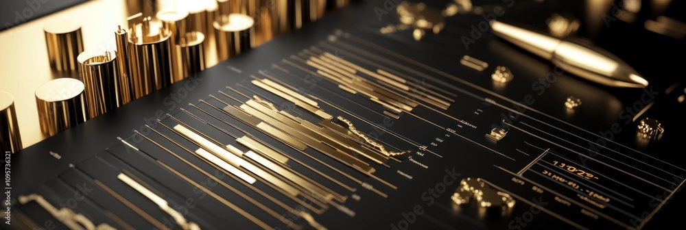 Poster a sleek black and gold design featuring data visualizations and a pen, suggesting sophistication.