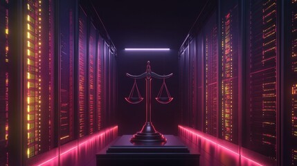 Digital justice balancing scales in a futuristic data center cyber environment high-tech viewpoint law concept