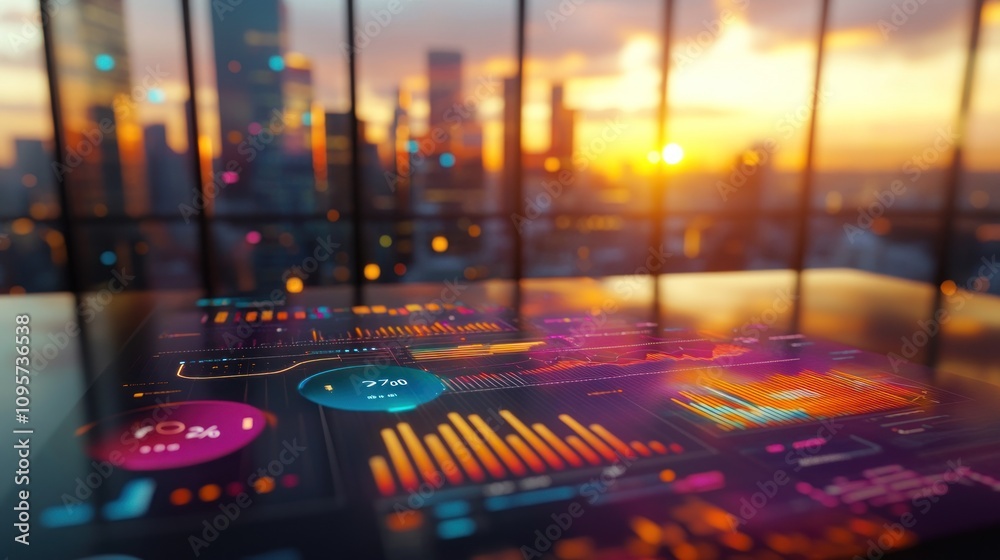 Poster A futuristic digital dashboard displaying data analytics against a city skyline at sunset.