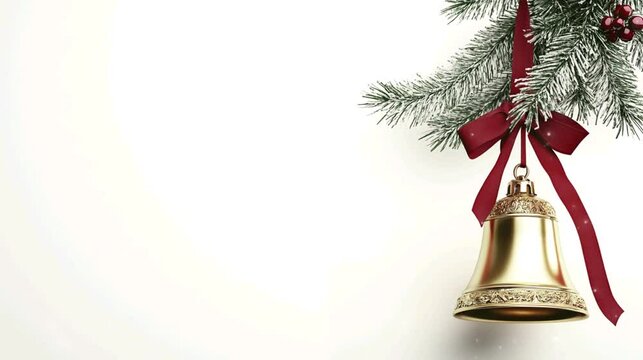 A golden Christmas bell with red ribbon and pine leaves, copy space for text, video footage greeting card.