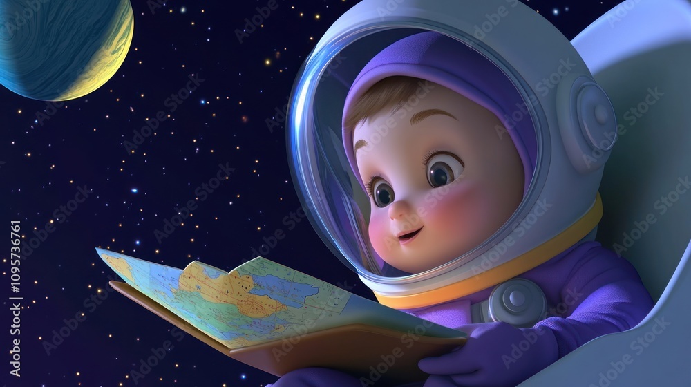 Aufkleber a joyful baby astronaut reads a map in space, surrounded by stars and planets.