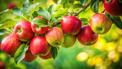 Obraz premium Freshly Picked Apples on a Branch - Vibrant Red and Green Fruits Surrounded by Lush Green Leaves in a Natural Setting, Perfect for Organic Produce, Healthy Eating, and Seasonal Themes