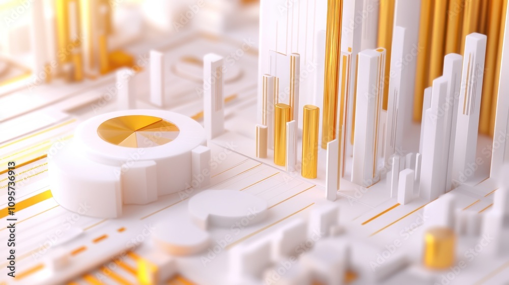Poster abstract 3d rendering of a futuristic cityscape with geometric shapes and golden accents.