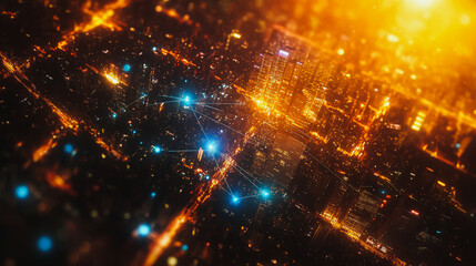 Obraz premium Smart digital city with connection Innovation network reciprocity over the cityscape . Concept of future smart wireless digital city and social media networking systems that connects business people