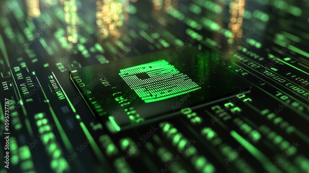 Poster A close-up view of a microchip surrounded by digital data streams in green tones.